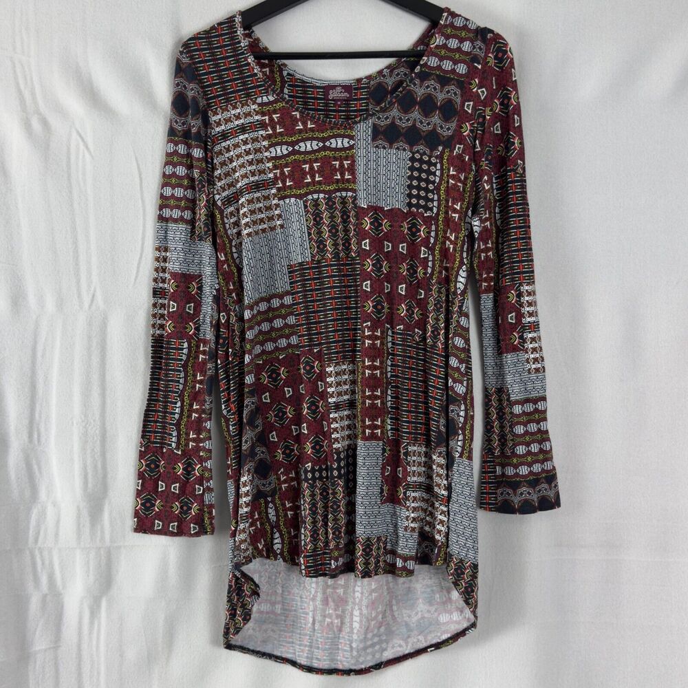 Salaam Sz M Abstract Ethnic Patchwork Print Tunic Top Jersey Stretch Boho Hippie